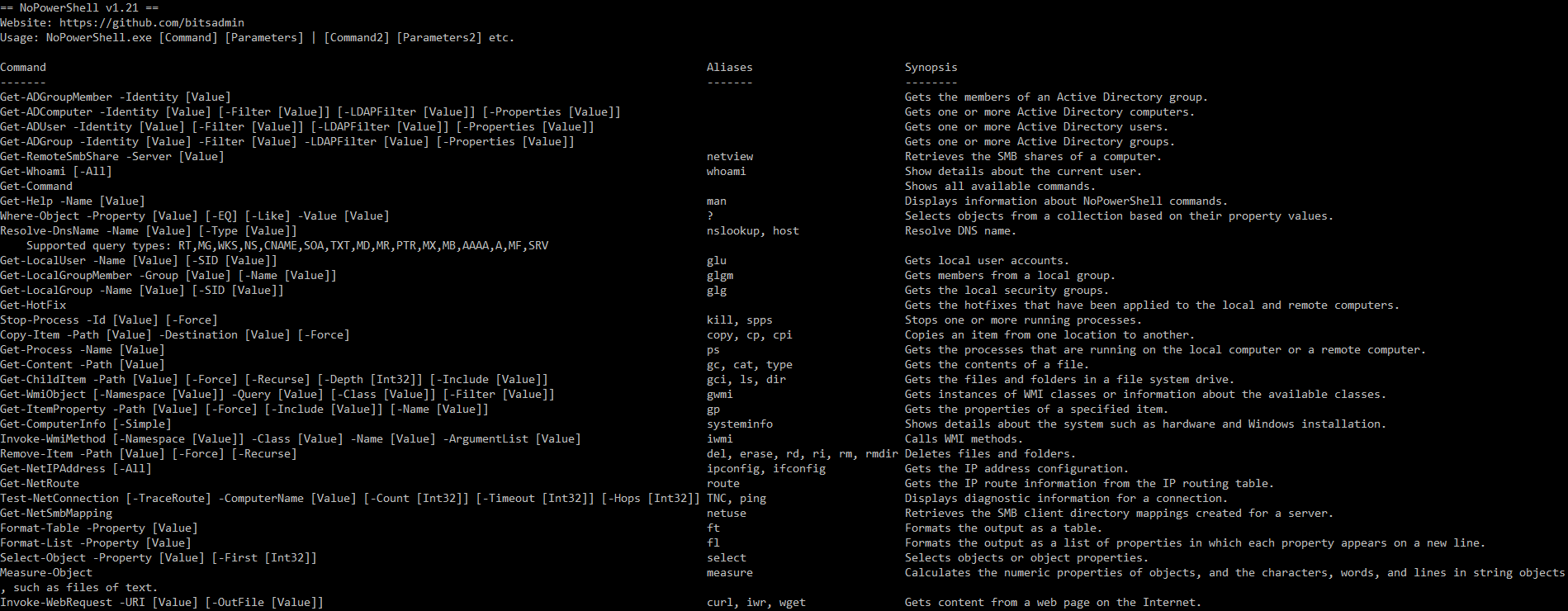 NoPowerShell supported commands