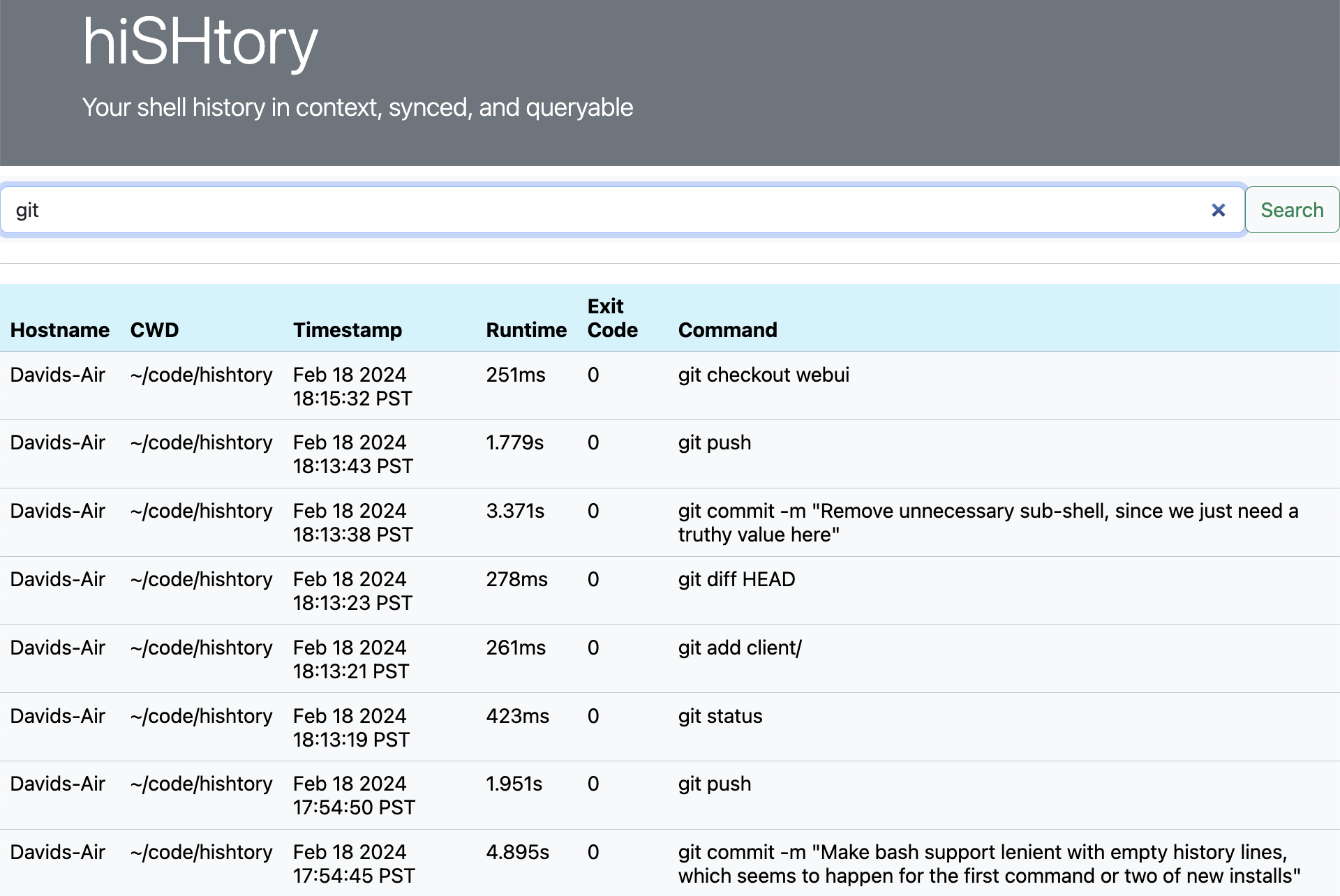 demo showing the web UI searching for git