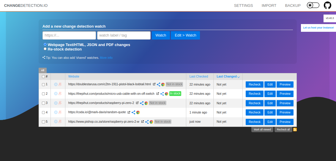 Self-hosted web site page change monitoring