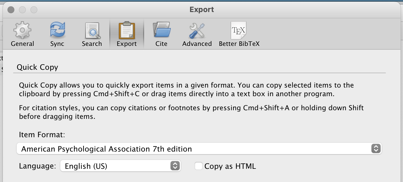 A screenshot Zotero's quick copy settings