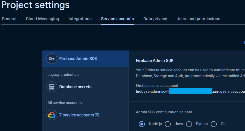 Realtime Database Database Secret on Service Accounts Tab